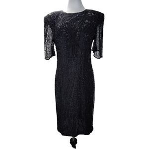 Vintage Black Beaded Cocktail Dress Size M Sheer Bell Sleeve Knee Length